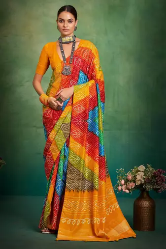 yellow color velvet tussar silk blend boutique printed ethnic party saree