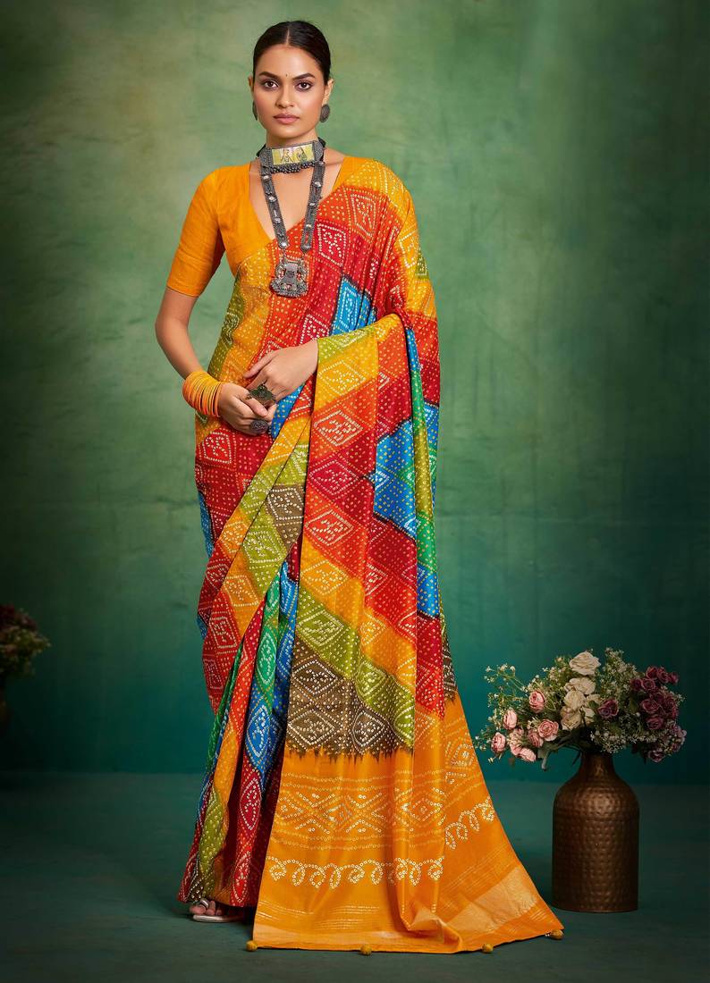 yellow color velvet tussar silk blend boutique printed ethnic party saree