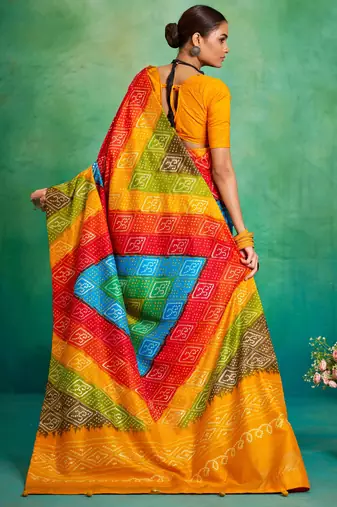 yellow velvet tussar silk blend boutique printed ethnic party saree