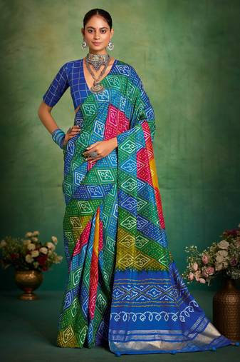 blue color velvet tussar silk blend boutique printed ethnic party saree