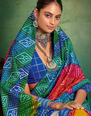 blue velvet tussar silk blend boutique printed ethnic party saree 3
