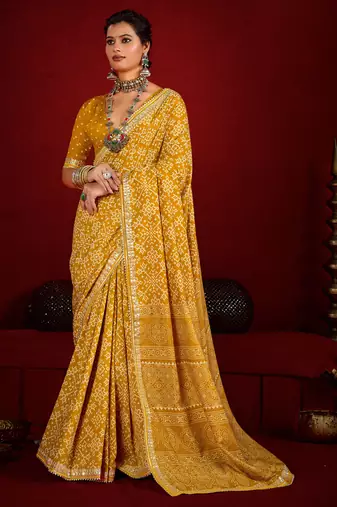 yellow color velvet tussar silk blend beautiful partywear saree