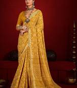 yellow color velvet tussar silk blend beautiful partywear saree