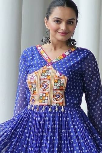 Blue Faux Georgette Printed Gown for Women | Fully Stitched Lightweight Partywear & Everyday Wear Gown
