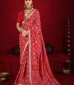 red color velvet tussar silk blend beautiful partywear saree