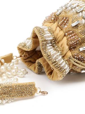 dewdrop fringe camel brown & pearl white ornate embellished velvet potli 7