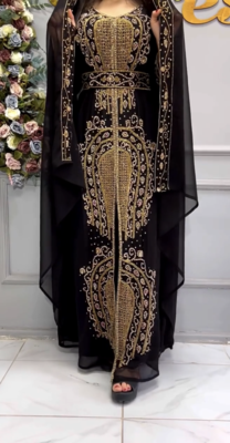 Black Hand-Embroidered Stitched Moroccan Kaftan with Heavy Golden Stone Work & Matching Cape 1
