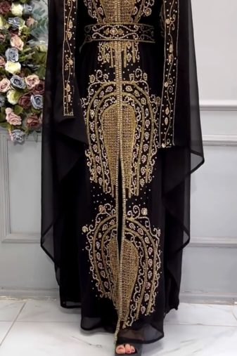 Black Hand-Embroidered Stitched Moroccan Kaftan with Heavy Golden Stone Work & Matching Cape