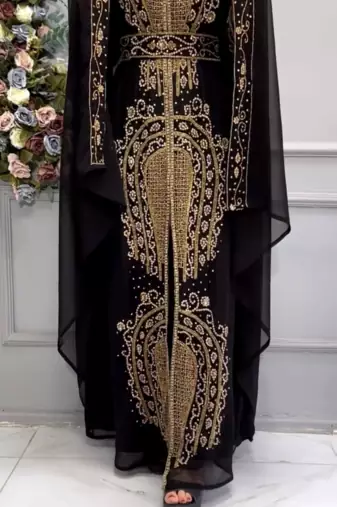 Black Hand-Embroidered Stitched Moroccan Kaftan with Heavy Golden Stone Work & Matching Cape