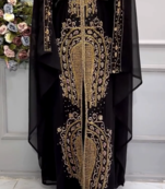 Black Hand-Embroidered Stitched Moroccan Kaftan with Heavy Golden Stone Work & Matching Cape