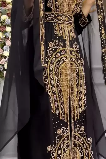 Black Hand-Embroidered Stitched Moroccan Kaftan with Heavy Golden Stone Work & Matching Cape