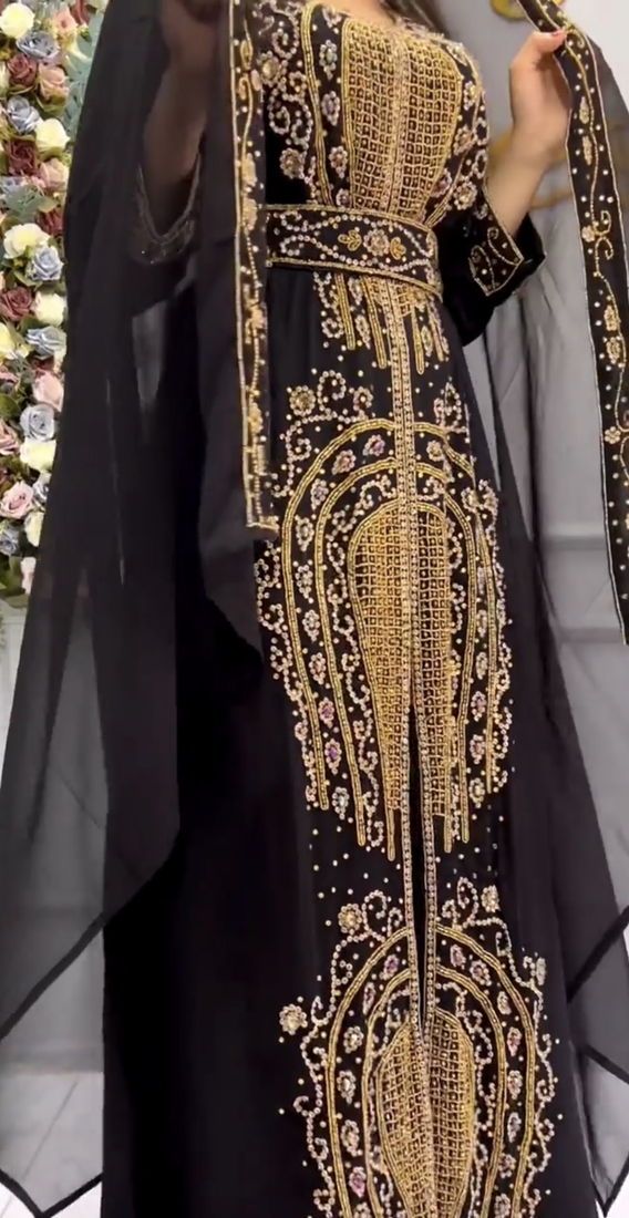 Black Hand-Embroidered Stitched Moroccan Kaftan with Heavy Golden Stone Work & Matching Cape