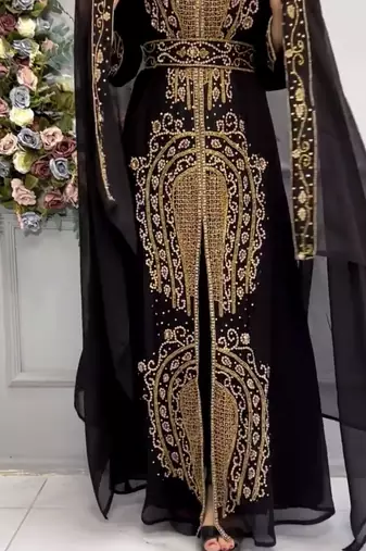 Black Hand-Embroidered Stitched Moroccan Kaftan with Heavy Golden Stone Work & Matching Cape