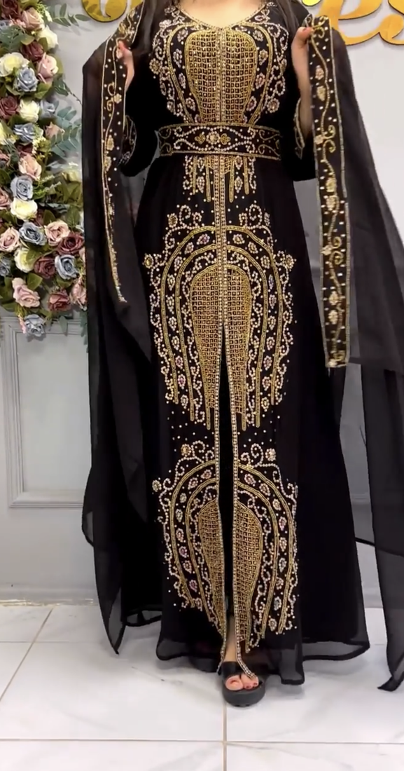 Black Hand-Embroidered Stitched Moroccan Kaftan with Heavy Golden Stone Work & Matching Cape