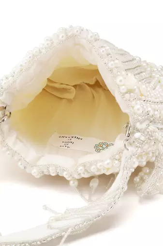 opal thread crystal white pearl beaded faux silk potli