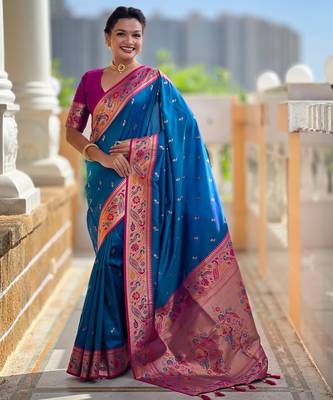 firozi paithani silk blend woven meenakari jacquard saree 1