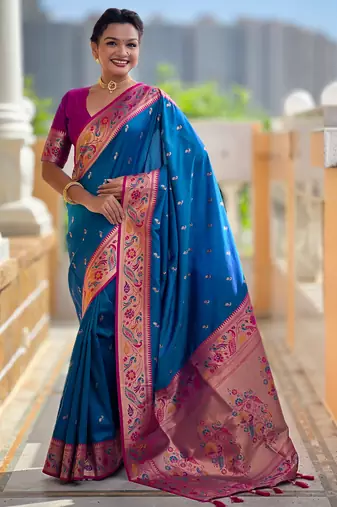 firozi color paithani silk blend fabric woven meenakari jacquard designer saree