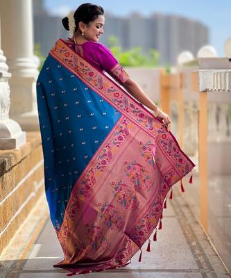 firozi paithani silk blend woven meenakari jacquard saree 2