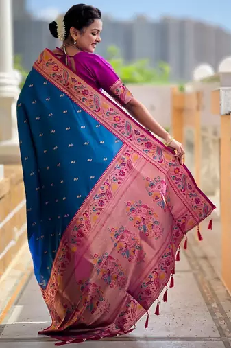 firozi paithani silk blend woven meenakari jacquard saree