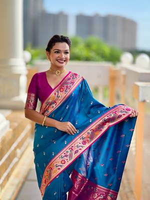 firozi paithani silk blend woven meenakari jacquard saree 3
