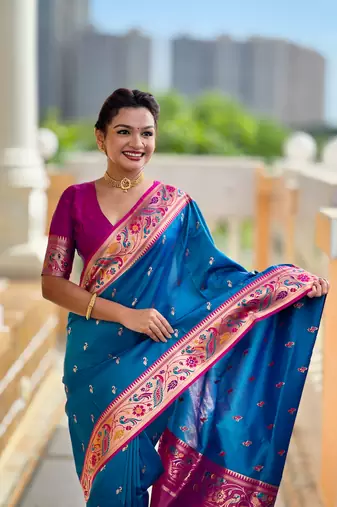firozi paithani silk blend woven meenakari jacquard saree