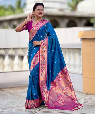 firozi paithani silk blend woven meenakari jacquard saree 4