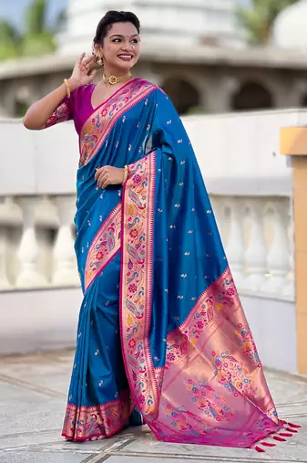 firozi paithani silk blend woven meenakari jacquard saree