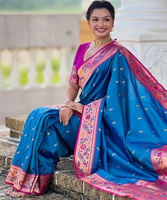 firozi paithani silk blend woven meenakari jacquard saree 5