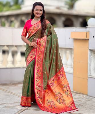 green paithani silk blend woven meenakari jacquard saree 1