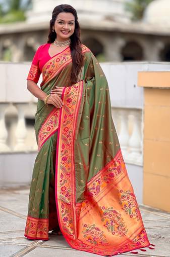 green color paithani silk blend fabric woven meenakari jacquard designer saree