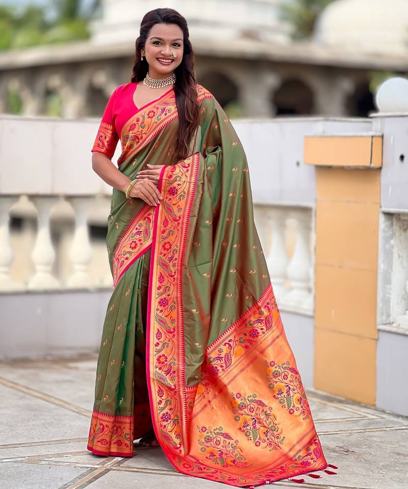 green color paithani silk blend fabric woven meenakari jacquard designer saree