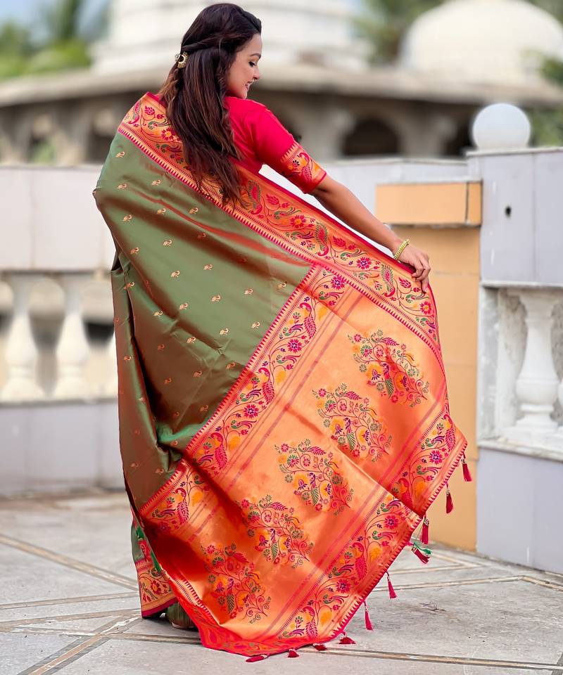 green color paithani silk blend fabric woven meenakari jacquard designer saree