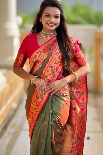 green paithani silk blend woven meenakari jacquard saree