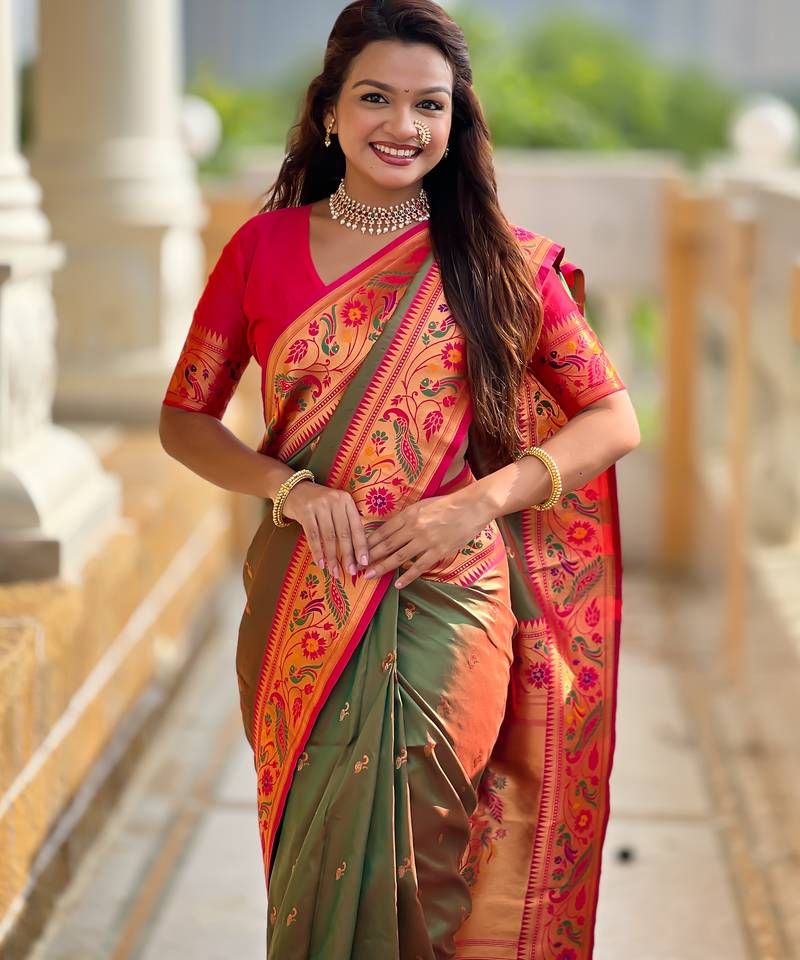 green color paithani silk blend fabric woven meenakari jacquard designer saree