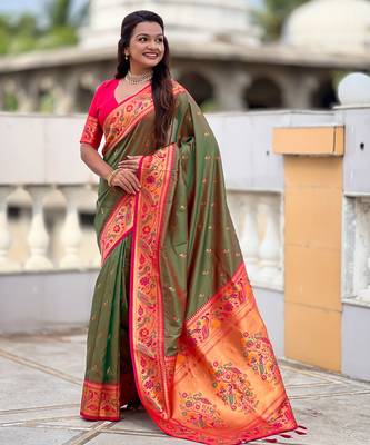 green paithani silk blend woven meenakari jacquard saree 4