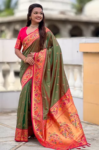 green paithani silk blend woven meenakari jacquard saree