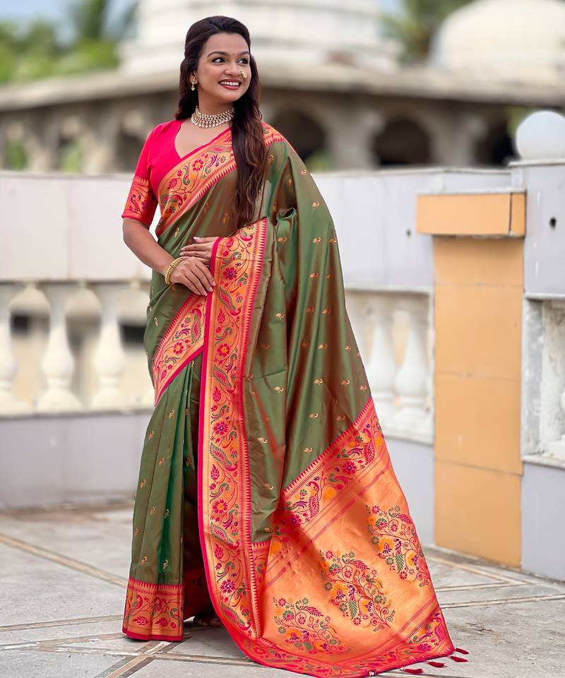 green color paithani silk blend fabric woven meenakari jacquard designer saree