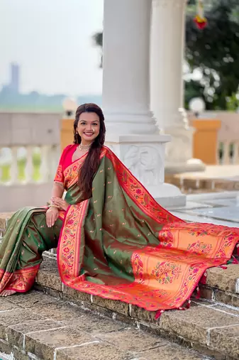green paithani silk blend woven meenakari jacquard saree