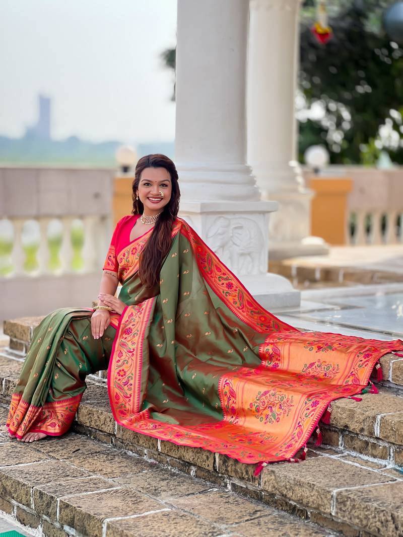 green color paithani silk blend fabric woven meenakari jacquard designer saree