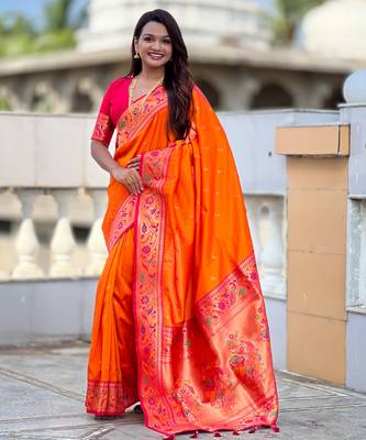 orange paithani silk blend woven meenakari jacquard saree 1