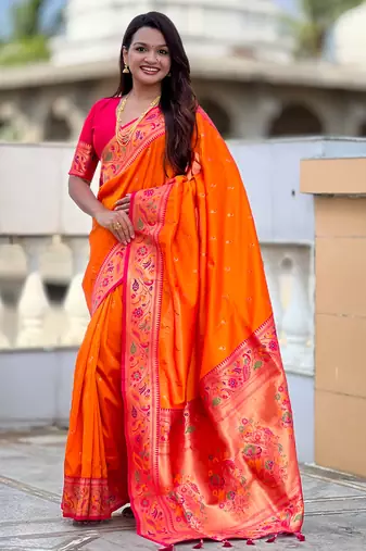 orange color paithani silk blend fabric woven meenakari jacquard designer saree