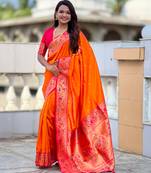 orange color paithani silk blend fabric woven meenakari jacquard saree