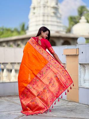 orange paithani silk blend woven meenakari jacquard saree 2