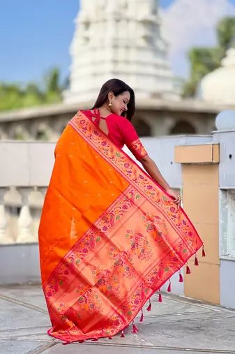orange paithani silk blend woven meenakari jacquard saree