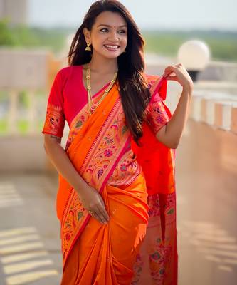 orange paithani silk blend woven meenakari jacquard saree 3