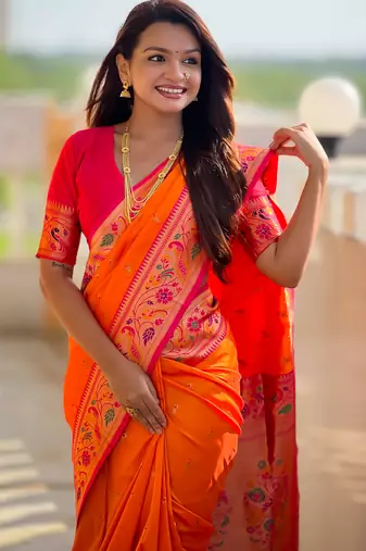 orange paithani silk blend woven meenakari jacquard saree