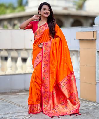 orange paithani silk blend woven meenakari jacquard saree 4
