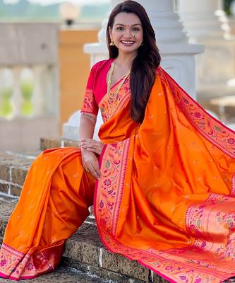 orange paithani silk blend woven meenakari jacquard saree 5