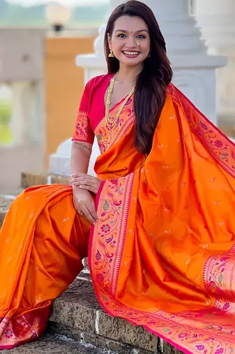 orange paithani silk blend woven meenakari jacquard saree