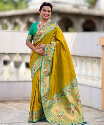 parrot green paithani silk blend woven meenakari jacquard saree 1